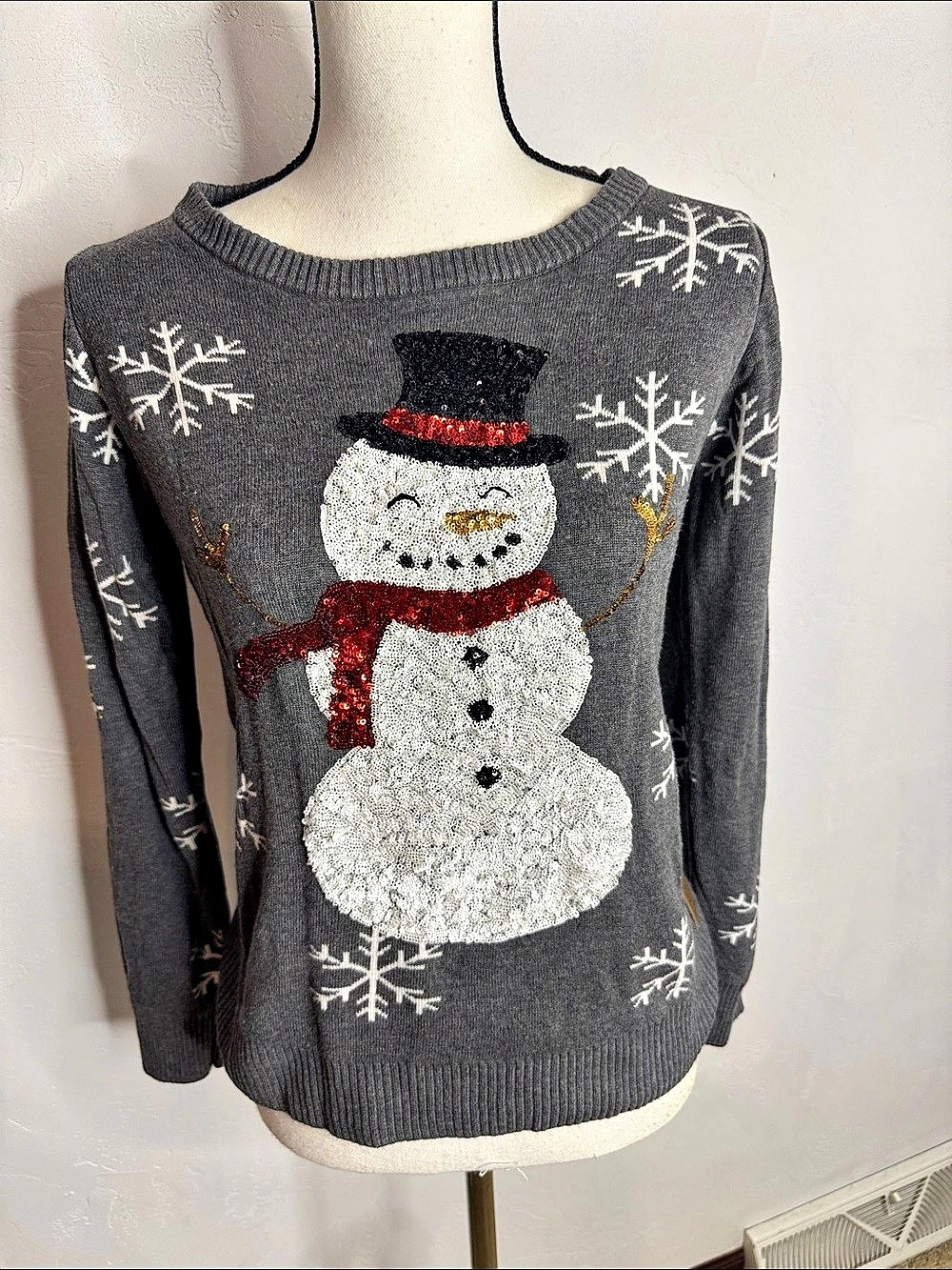 Tipsy Elves Snowman Sequin Snowflake Ugly Christmas Sweater Gray & White Medium